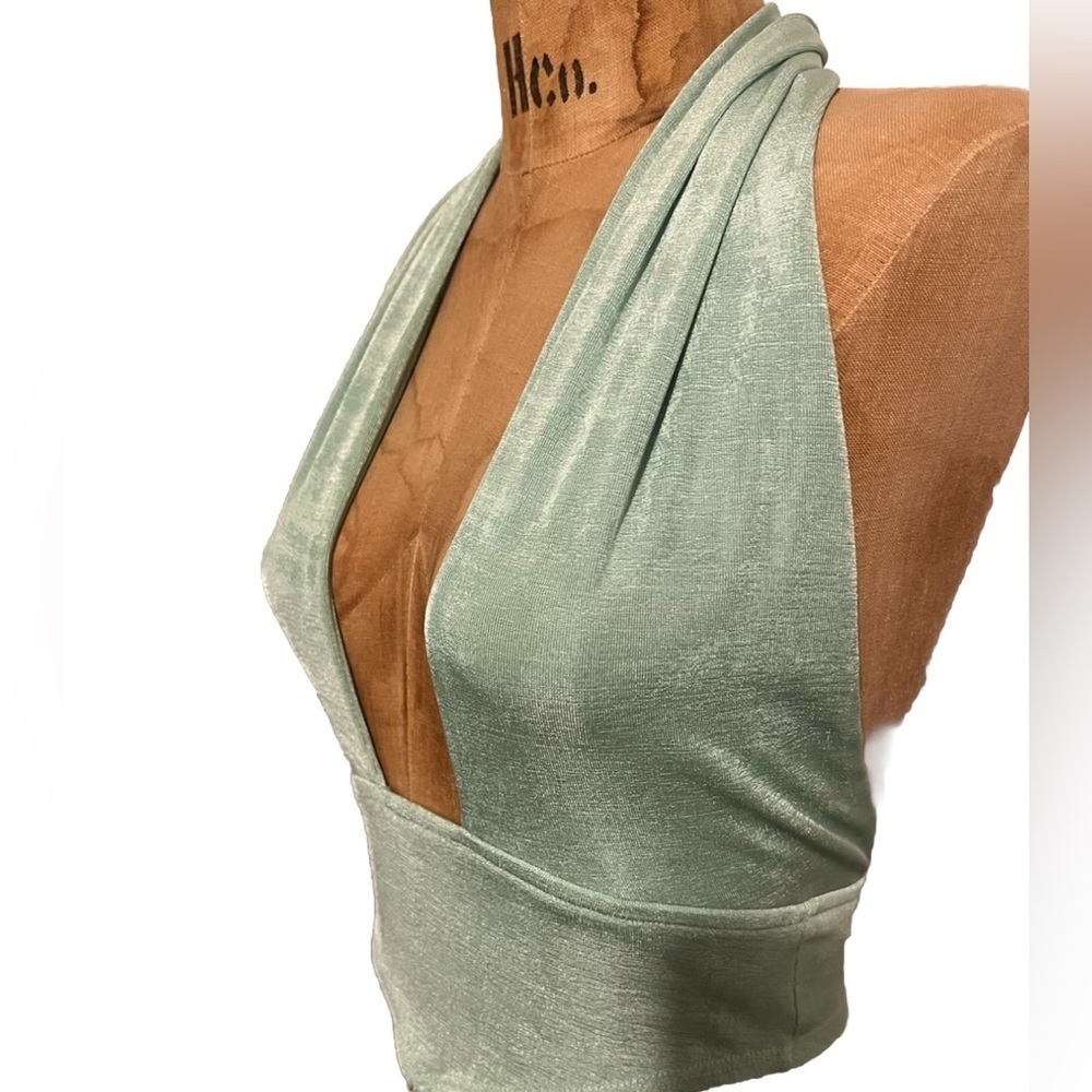 Princess Polly Mint Green Sparkly Cross Neck Crop Top EUC - Picture 2 of 8